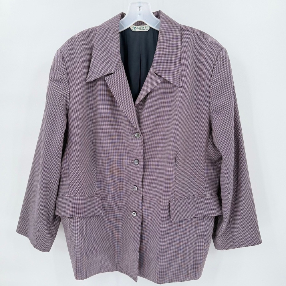 AUSTIN REED Vintage Houndstooth Blazer Size 16W Wool Silk Burgundy Plus Size